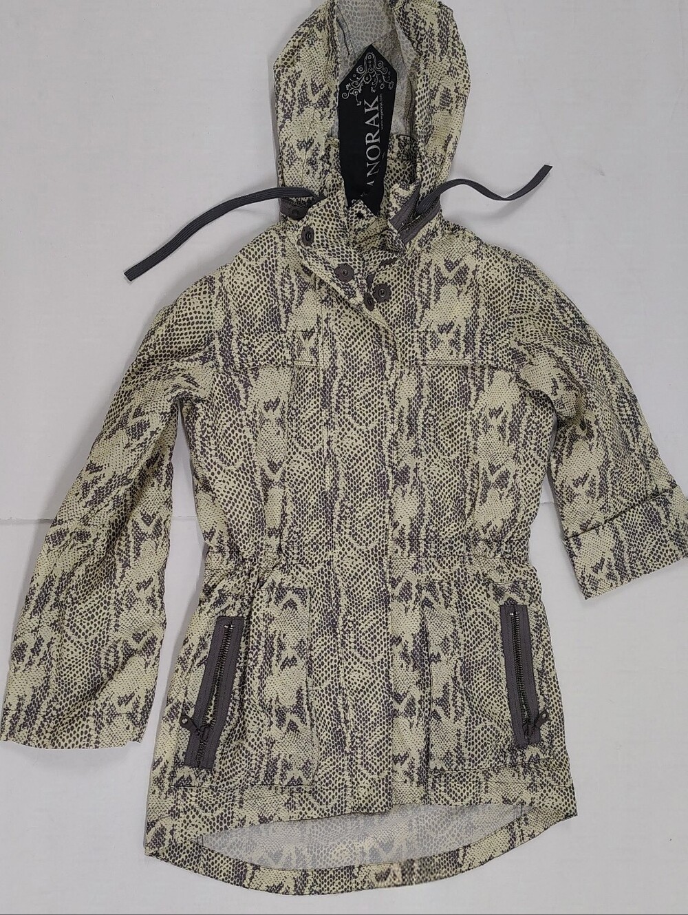 NEW Anorak Women's Mid-length Python Snake Zip Hooded Jacket, Water-resistant XS